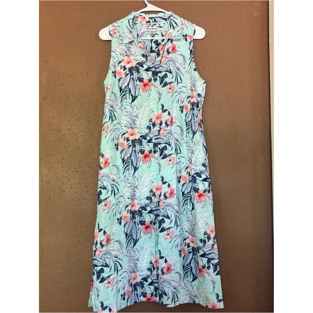 Tommy Bahama Women 100%Linen Tropical Floral Button Front Midi Dress Aqua Blue m - Picture 1 of 9